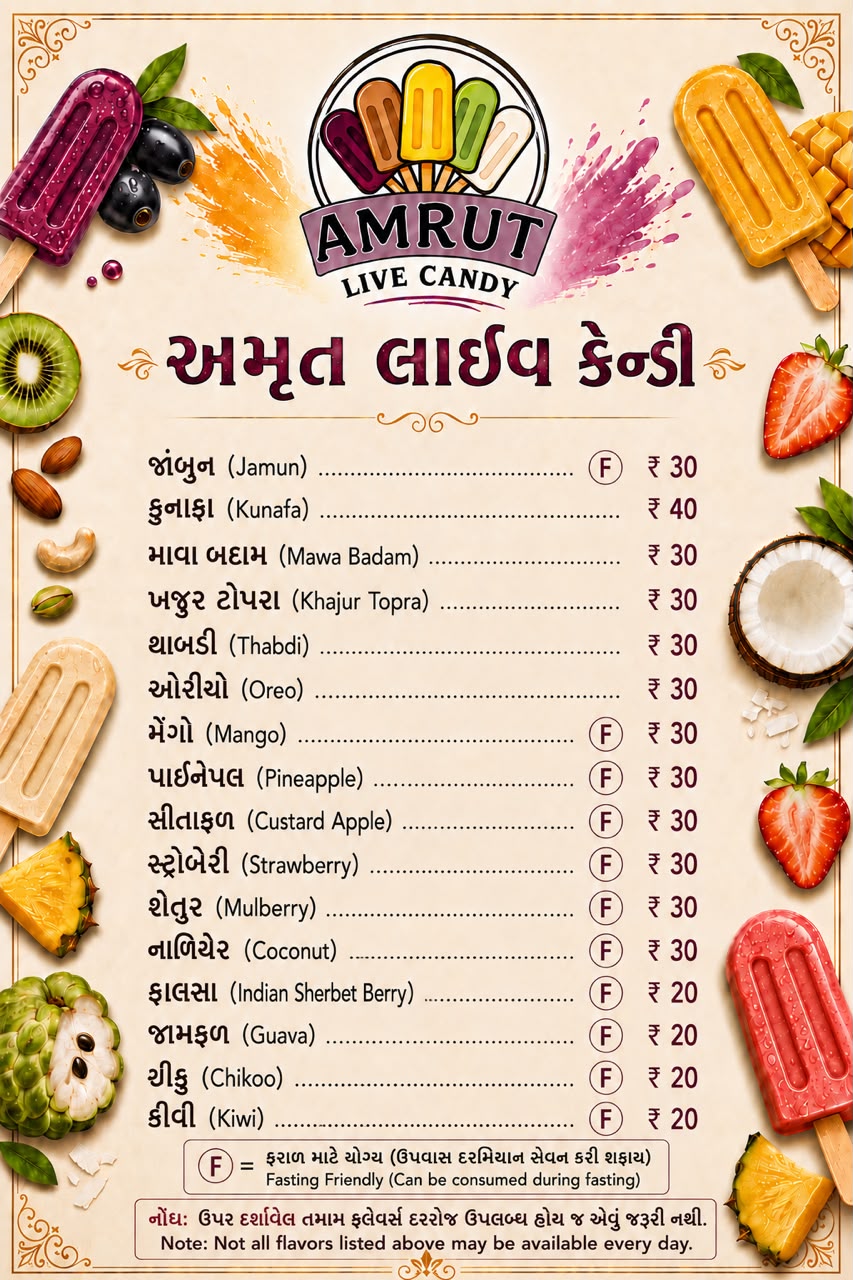 Amrut Live Candy Official Product Menu Card showing flavors and details